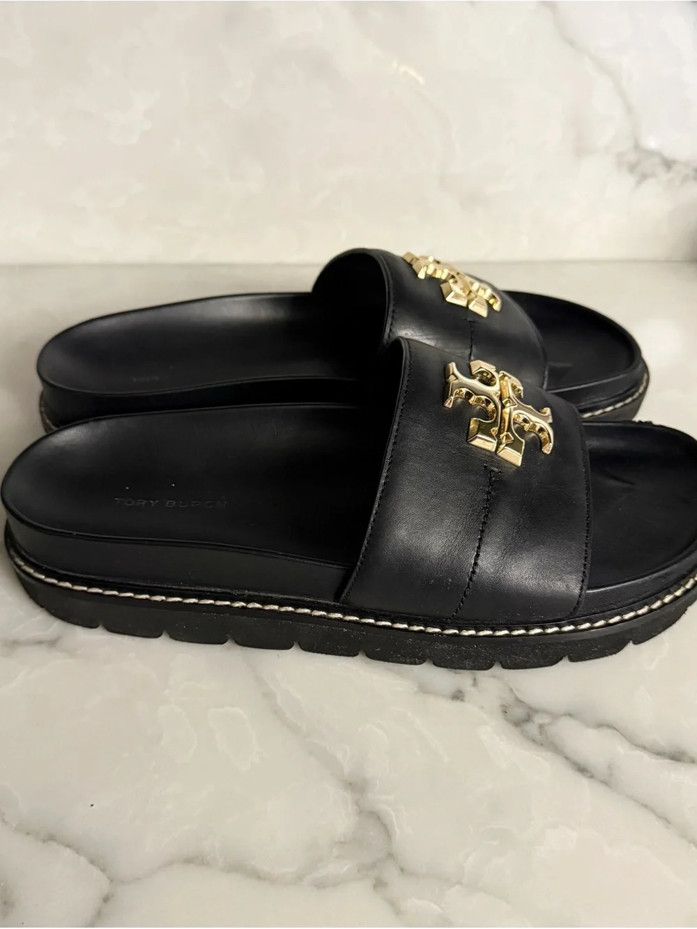 Tory Burch Black and Gold Sandal Slides
